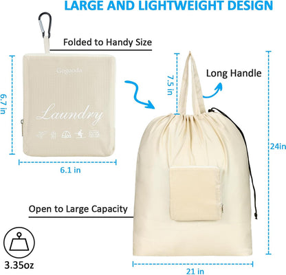 Travel Laundry Bags with Drawstring Closure XL Large with Handle | Foldable Dirty Clothes bags Heavy Duty and Washable for College Dorm Travelling Camping, 2 Pack, Black & Beige