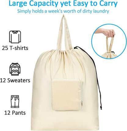 Travel Laundry Bags with Drawstring Closure XL Large with Handle | Foldable Dirty Clothes bags Heavy Duty and Washable for College Dorm Travelling Camping, 2 Pack, Black & Beige
