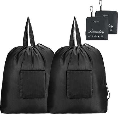 Travel Laundry Bags with Drawstring Closure XL Large with Handle | Foldable Dirty Clothes bags Heavy Duty and Washable for College Dorm Travelling Camping, 2 Pack, Black & Beige