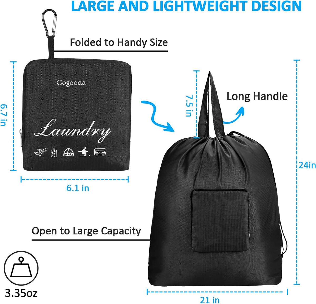 Travel Laundry Bags with Drawstring Closure XL Large with Handle | Foldable Dirty Clothes bags Heavy Duty and Washable for College Dorm Travelling Camping, 2 Pack, Black & Beige
