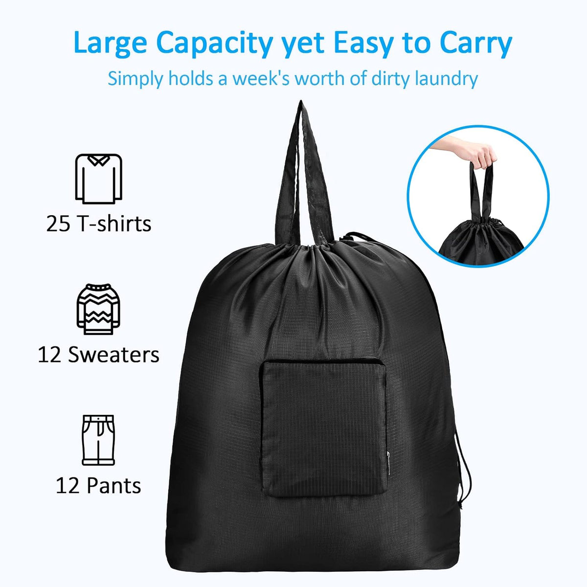 Travel Laundry Bags with Drawstring Closure XL Large with Handle | Foldable Dirty Clothes bags Heavy Duty and Washable for College Dorm Travelling Camping, 2 Pack, Black & Beige