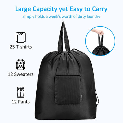 Travel Laundry Bags with Drawstring Closure XL Large with Handle | Foldable Dirty Clothes bags Heavy Duty and Washable for College Dorm Travelling Camping, 2 Pack, Black & Beige