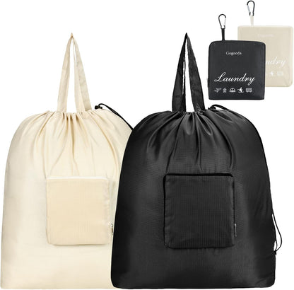 Travel Laundry Bags with Drawstring Closure XL Large with Handle | Foldable Dirty Clothes bags Heavy Duty and Washable for College Dorm Travelling Camping, 2 Pack, Black & Beige