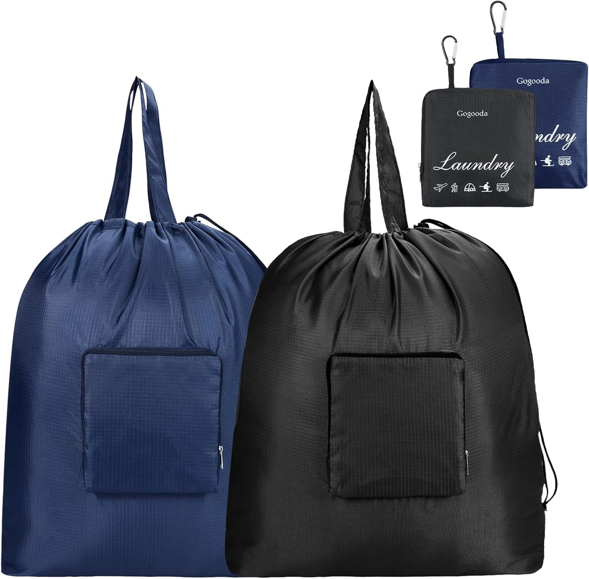 Travel Laundry Bags with Drawstring Closure XL Large with Handle | Foldable Dirty Clothes bags Heavy Duty and Washable for College Dorm Travelling Camping, 2 Pack, Black & Beige