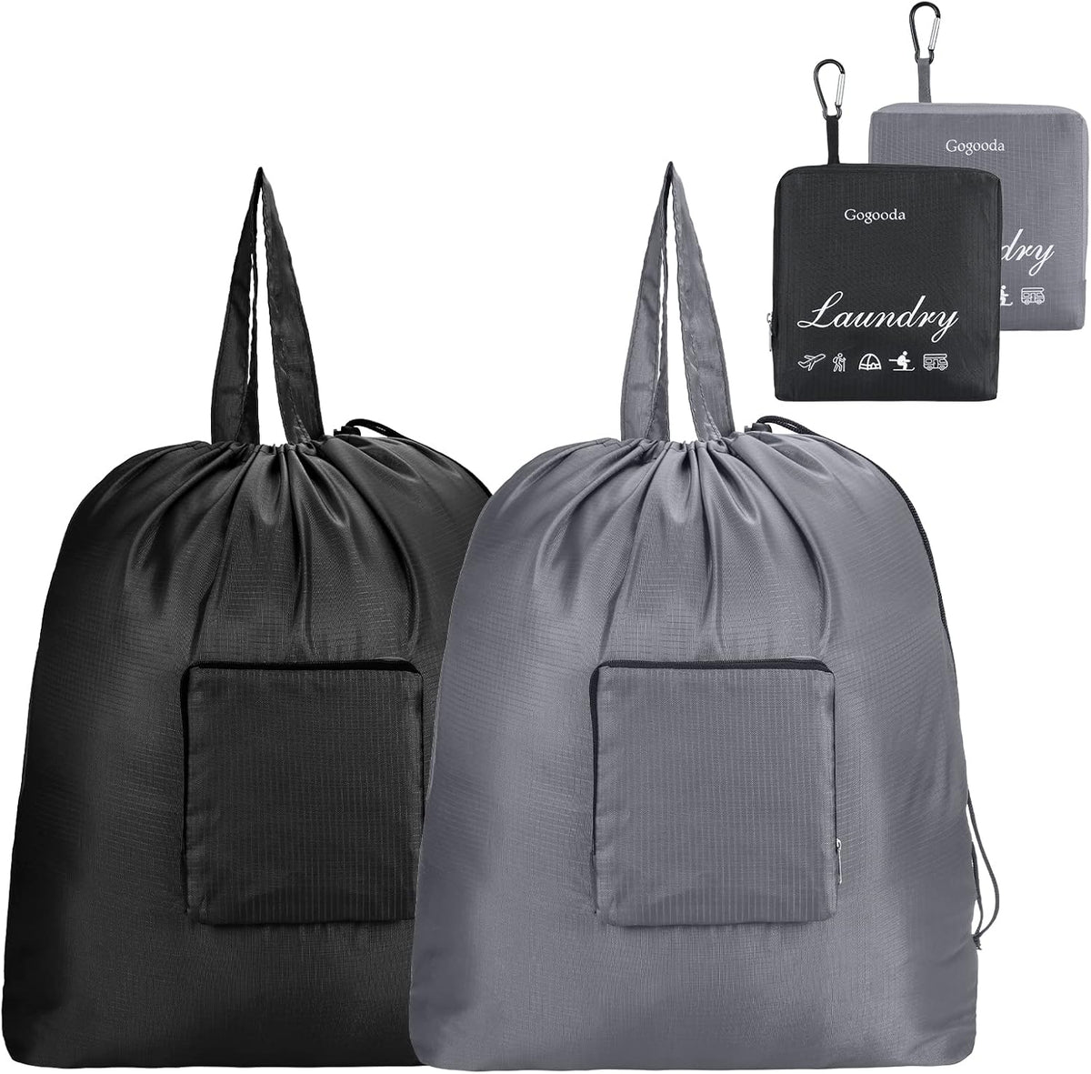 Travel Laundry Bags with Drawstring Closure XL Large with Handle | Foldable Dirty Clothes bags Heavy Duty and Washable for College Dorm Travelling Camping, 2 Pack, Black & Beige