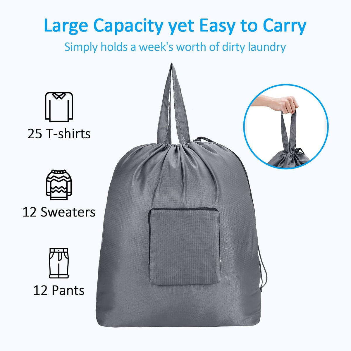 Travel Laundry Bags with Drawstring Closure XL Large with Handle | Foldable Dirty Clothes bags Heavy Duty and Washable for College Dorm Travelling Camping, 2 Pack, Black & Beige