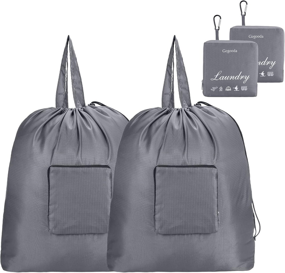 Travel Laundry Bags with Drawstring Closure XL Large with Handle | Foldable Dirty Clothes bags Heavy Duty and Washable for College Dorm Travelling Camping, 2 Pack, Black & Beige