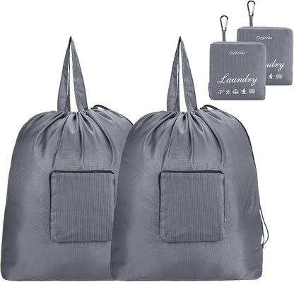 Travel Laundry Bags with Drawstring Closure XL Large with Handle | Foldable Dirty Clothes bags Heavy Duty and Washable for College Dorm Travelling Camping, 2 Pack, Black & Beige