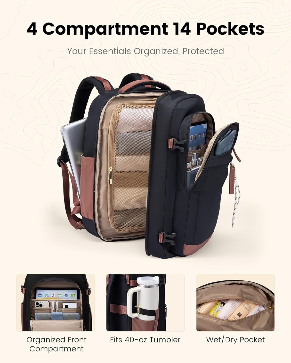 40L Travel Backpack for Women & Men, Airline Approved Carry On Luggage, TSA Personal Item Bag fits 15.6 Inch Laptop, Waterproof Weekender Overnight Suitcase for Work, Green