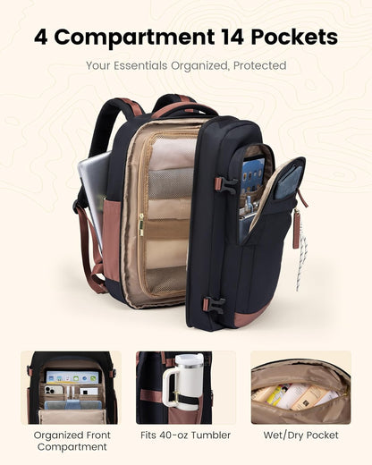 40L Travel Backpack for Women & Men, Airline Approved Carry On Luggage, TSA Personal Item Bag fits 15.6 Inch Laptop, Waterproof Weekender Overnight Suitcase for Work, Green