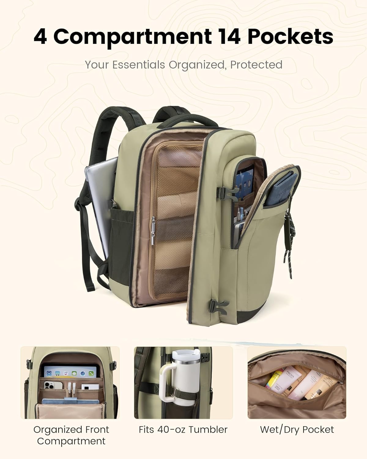 40L Travel Backpack for Women & Men, Airline Approved Carry On Luggage, TSA Personal Item Bag fits 15.6 Inch Laptop, Waterproof Weekender Overnight Suitcase for Work, Green
