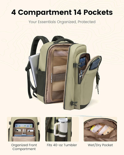40L Travel Backpack for Women & Men, Airline Approved Carry On Luggage, TSA Personal Item Bag fits 15.6 Inch Laptop, Waterproof Weekender Overnight Suitcase for Work, Green
