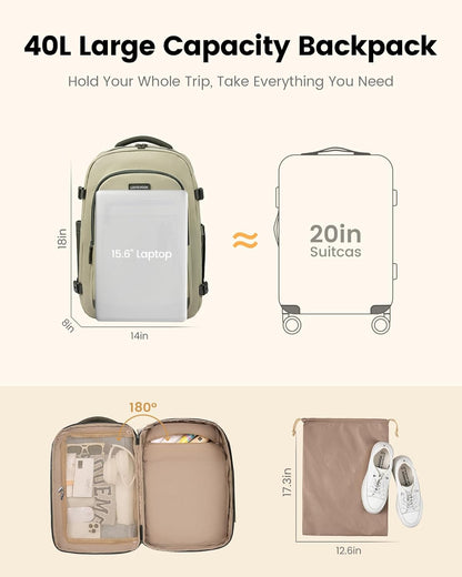 40L Travel Backpack for Women & Men, Airline Approved Carry On Luggage, TSA Personal Item Bag fits 15.6 Inch Laptop, Waterproof Weekender Overnight Suitcase for Work, Green