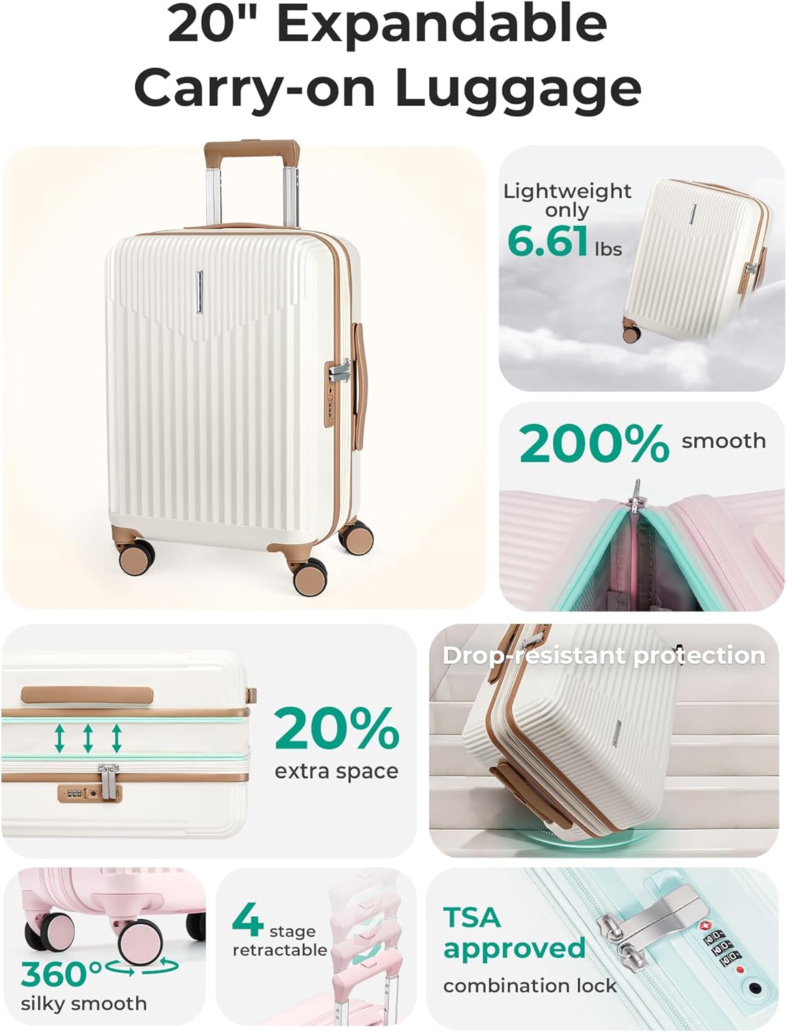 Carry On Luggage 22x14x9 Airline Approved with Spinner Wheels,100% PC Hardside Expandable Luggage with TSA Lock for Trips, 20 Inch Rolling Suitcases for Men Women,BlackPink