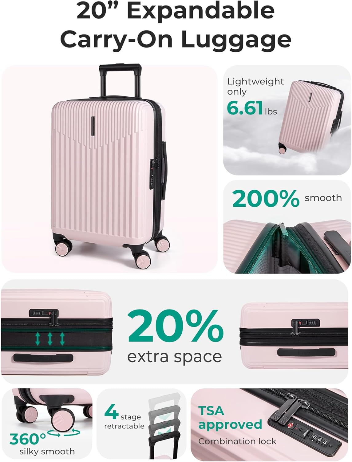 Carry On Luggage 22x14x9 Airline Approved with Spinner Wheels,100% PC Hardside Expandable Luggage with TSA Lock for Trips, 20 Inch Rolling Suitcases for Men Women,BlackPink
