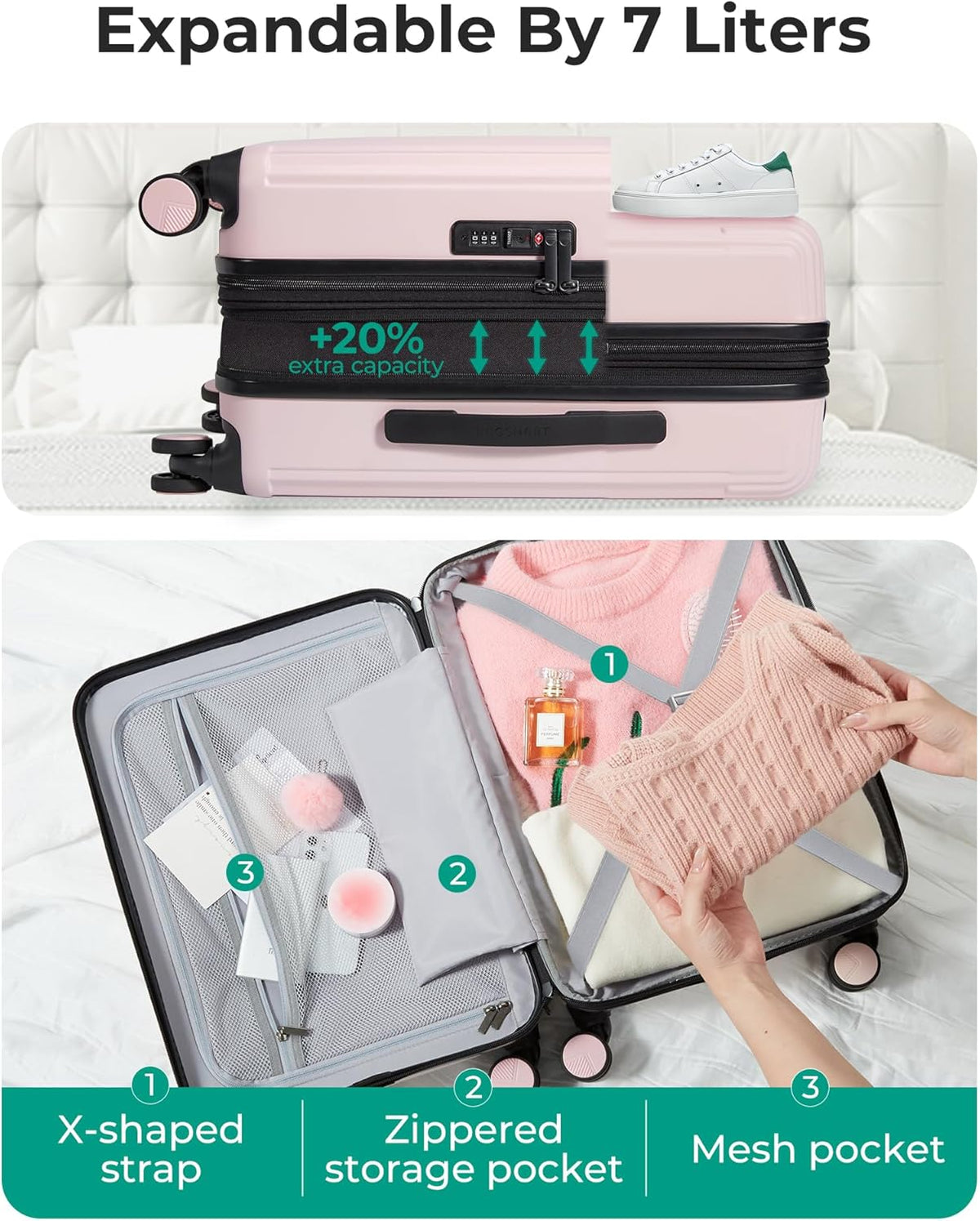Carry On Luggage 22x14x9 Airline Approved with Spinner Wheels,100% PC Hardside Expandable Luggage with TSA Lock for Trips, 20 Inch Rolling Suitcases for Men Women,BlackPink