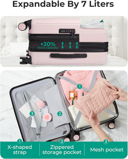 Carry On Luggage 22x14x9 Airline Approved with Spinner Wheels,100% PC Hardside Expandable Luggage with TSA Lock for Trips, 20 Inch Rolling Suitcases for Men Women,BlackPink