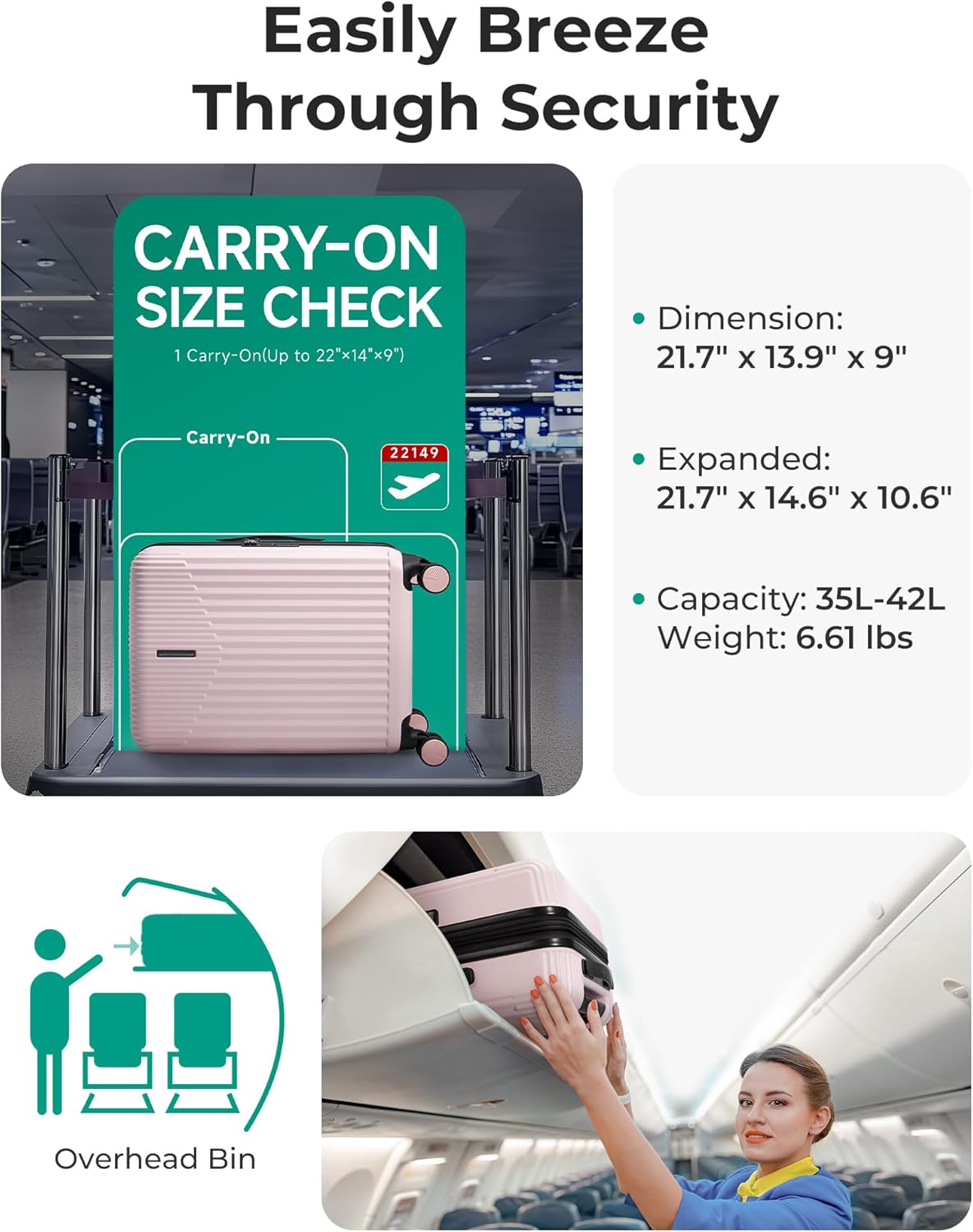 Carry On Luggage 22x14x9 Airline Approved with Spinner Wheels,100% PC Hardside Expandable Luggage with TSA Lock for Trips, 20 Inch Rolling Suitcases for Men Women,BlackPink