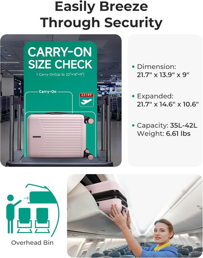 Carry On Luggage 22x14x9 Airline Approved with Spinner Wheels,100% PC Hardside Expandable Luggage with TSA Lock for Trips, 20 Inch Rolling Suitcases for Men Women,BlackPink