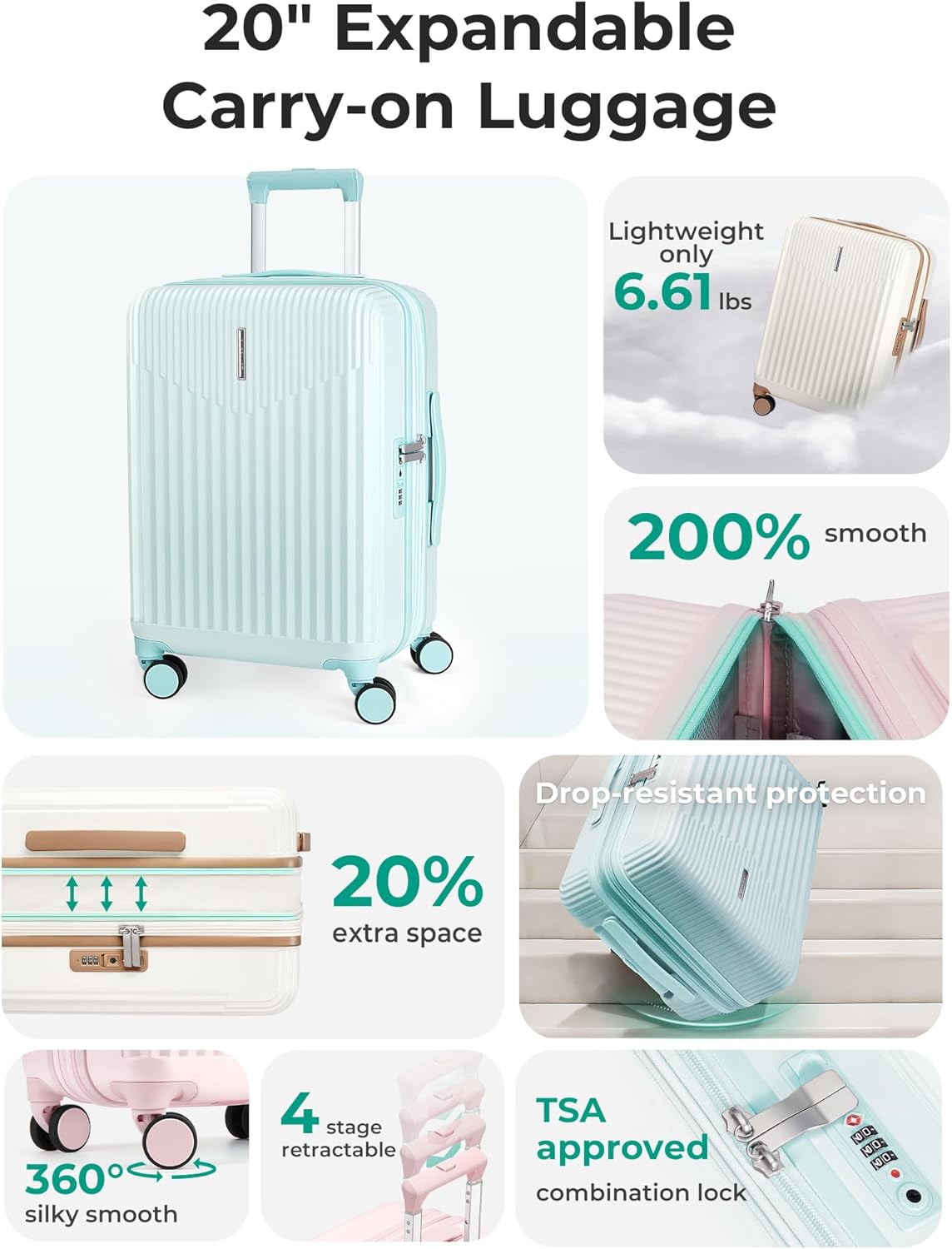 Carry On Luggage 22x14x9 Airline Approved with Spinner Wheels,100% PC Hardside Expandable Luggage with TSA Lock for Trips, 20 Inch Rolling Suitcases for Men Women,BlackPink