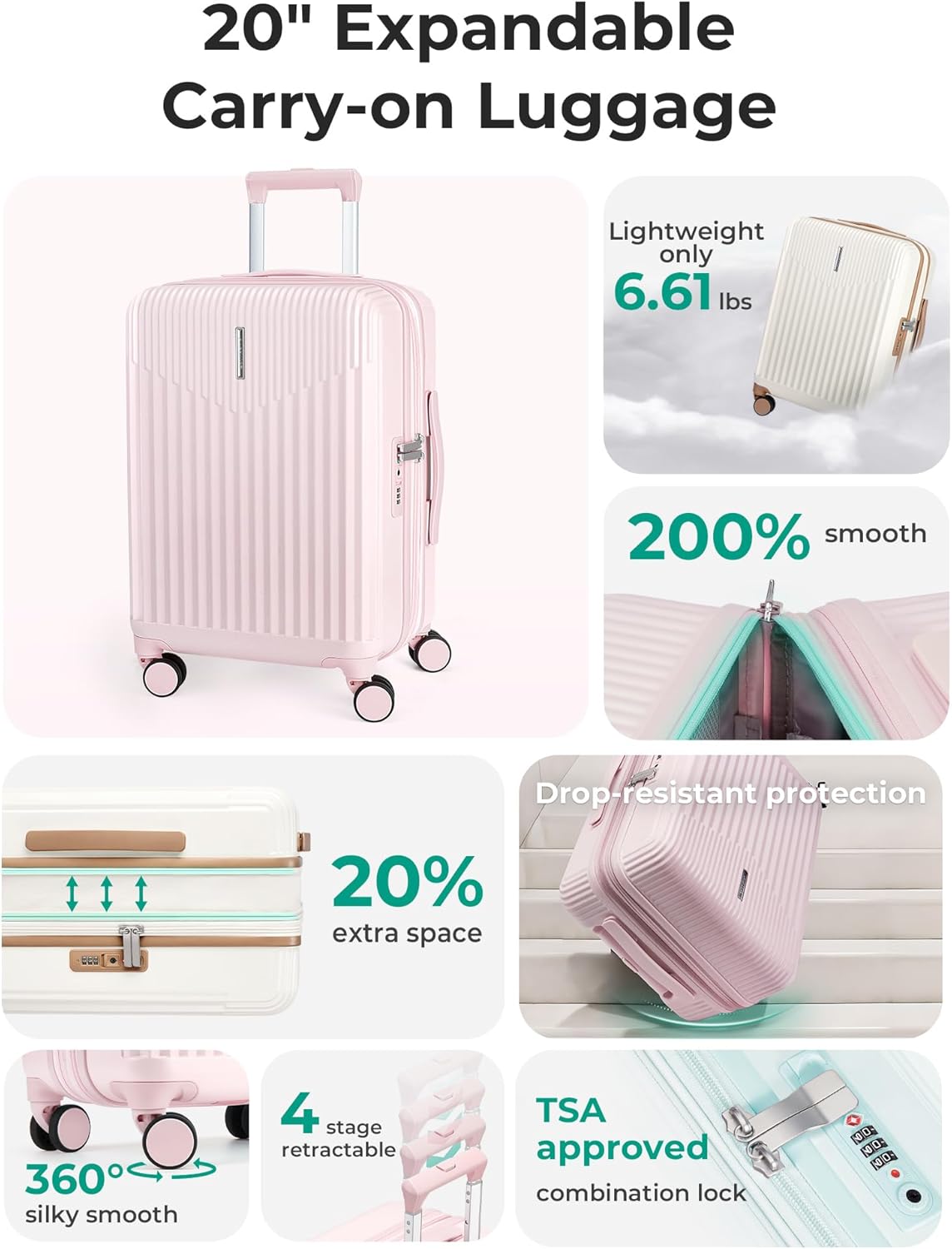 Carry On Luggage 22x14x9 Airline Approved with Spinner Wheels,100% PC Hardside Expandable Luggage with TSA Lock for Trips, 20 Inch Rolling Suitcases for Men Women,BlackPink