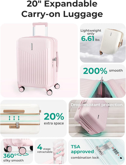Carry On Luggage 22x14x9 Airline Approved with Spinner Wheels,100% PC Hardside Expandable Luggage with TSA Lock for Trips, 20 Inch Rolling Suitcases for Men Women,BlackPink