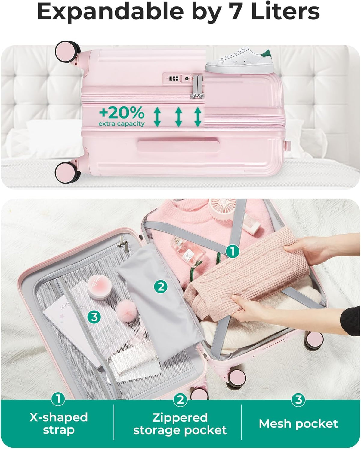 Carry On Luggage 22x14x9 Airline Approved with Spinner Wheels,100% PC Hardside Expandable Luggage with TSA Lock for Trips, 20 Inch Rolling Suitcases for Men Women,BlackPink