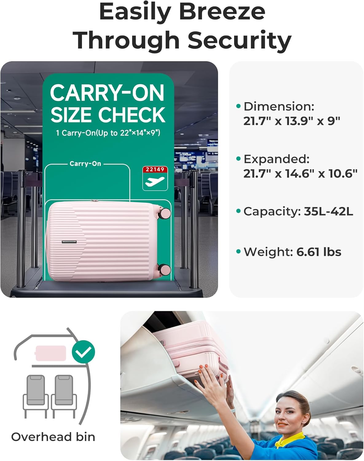 Carry On Luggage 22x14x9 Airline Approved with Spinner Wheels,100% PC Hardside Expandable Luggage with TSA Lock for Trips, 20 Inch Rolling Suitcases for Men Women,BlackPink