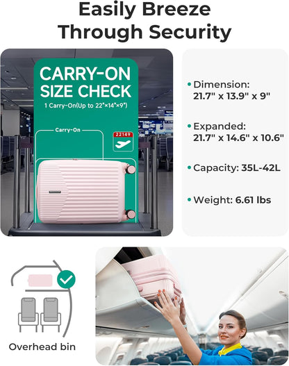 Carry On Luggage 22x14x9 Airline Approved with Spinner Wheels,100% PC Hardside Expandable Luggage with TSA Lock for Trips, 20 Inch Rolling Suitcases for Men Women,BlackPink