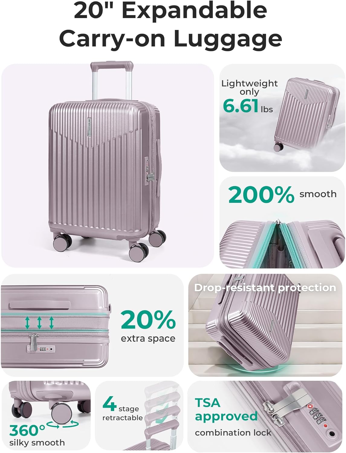 Carry On Luggage 22x14x9 Airline Approved with Spinner Wheels,100% PC Hardside Expandable Luggage with TSA Lock for Trips, 20 Inch Rolling Suitcases for Men Women,BlackPink