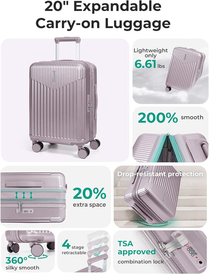 Carry On Luggage 22x14x9 Airline Approved with Spinner Wheels,100% PC Hardside Expandable Luggage with TSA Lock for Trips, 20 Inch Rolling Suitcases for Men Women,BlackPink