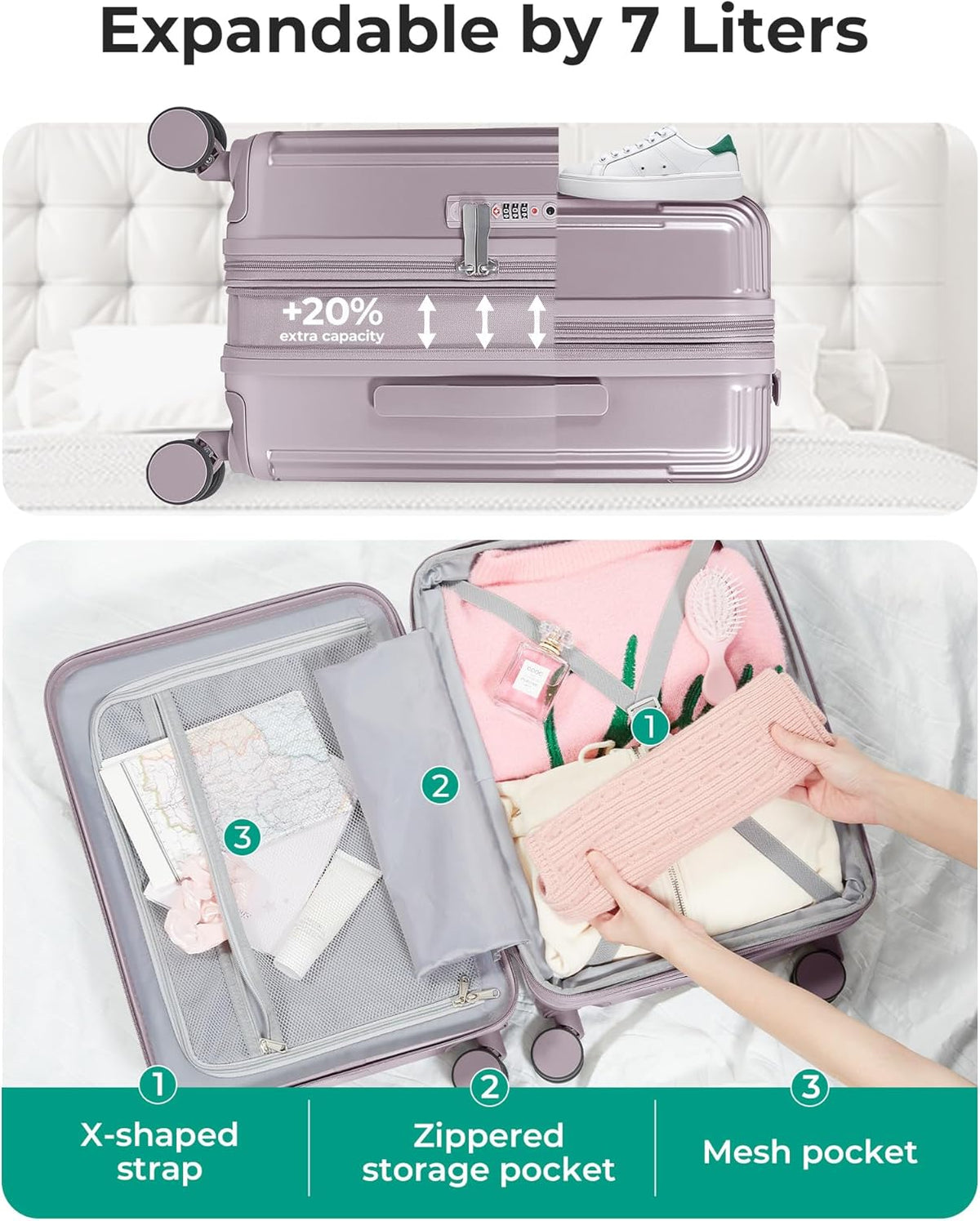 Carry On Luggage 22x14x9 Airline Approved with Spinner Wheels,100% PC Hardside Expandable Luggage with TSA Lock for Trips, 20 Inch Rolling Suitcases for Men Women,BlackPink