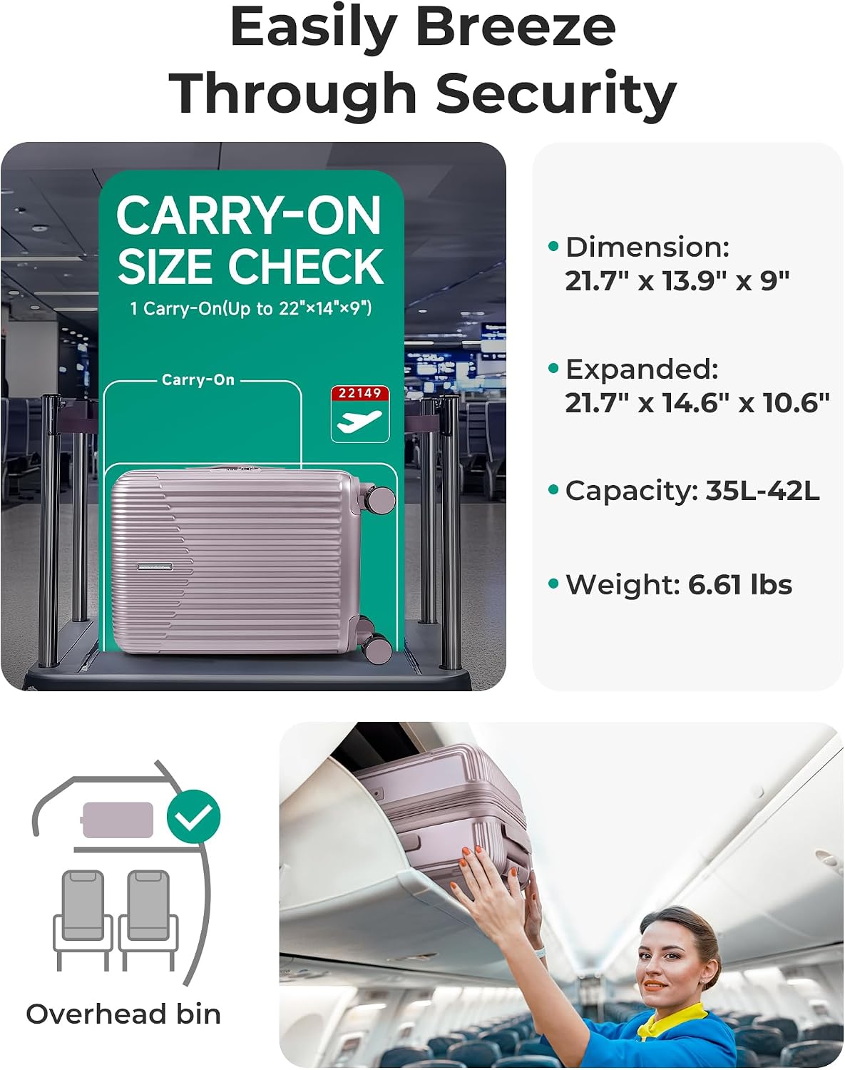 Carry On Luggage 22x14x9 Airline Approved with Spinner Wheels,100% PC Hardside Expandable Luggage with TSA Lock for Trips, 20 Inch Rolling Suitcases for Men Women,BlackPink