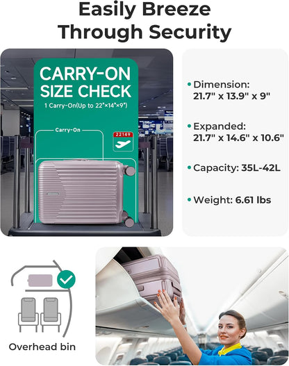 Carry On Luggage 22x14x9 Airline Approved with Spinner Wheels,100% PC Hardside Expandable Luggage with TSA Lock for Trips, 20 Inch Rolling Suitcases for Men Women,BlackPink