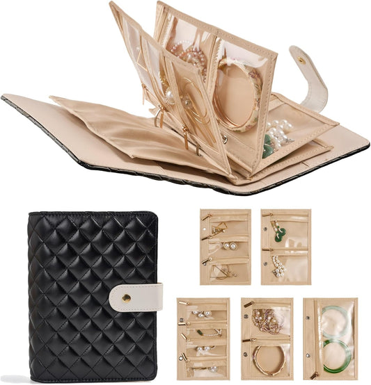Women’s Travel Jewelry Case - Jewelry Ponch PU Leather Bag Ring Binder Organizer with Zipper Velvet Jewelry Pouches Bags - Cream White