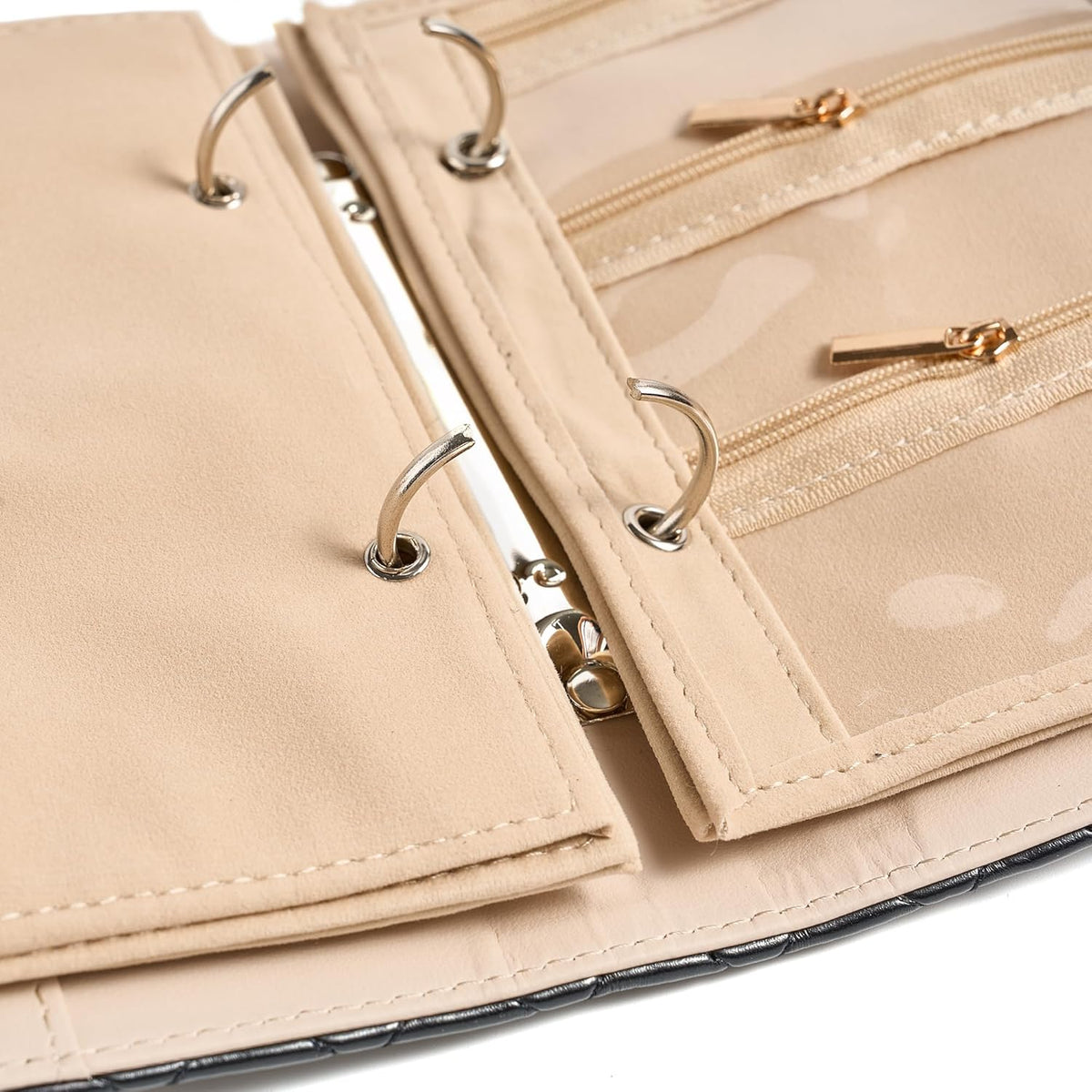 Women’s Travel Jewelry Case - Jewelry Ponch PU Leather Bag Ring Binder Organizer with Zipper Velvet Jewelry Pouches Bags - Cream White