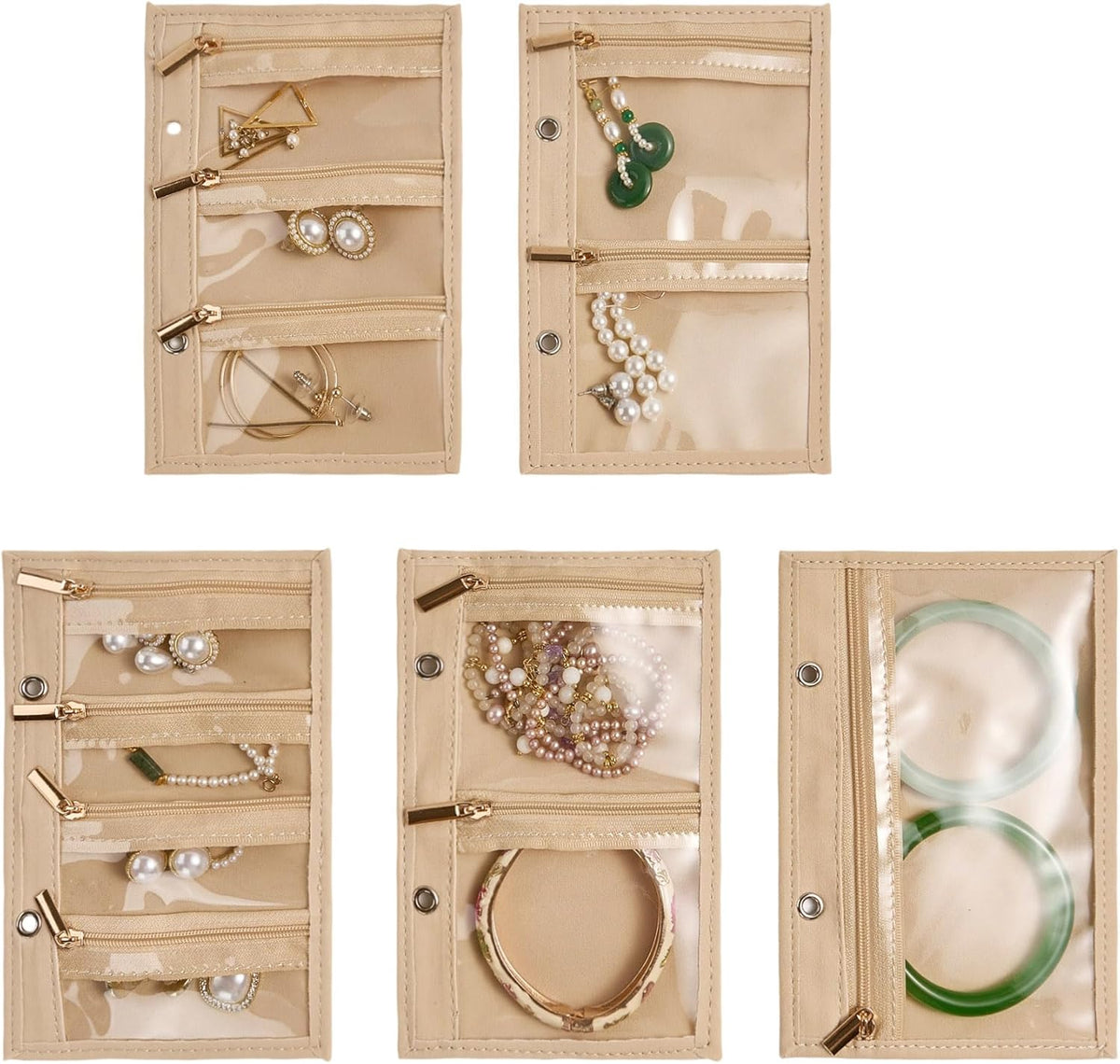 Women’s Travel Jewelry Case - Jewelry Ponch PU Leather Bag Ring Binder Organizer with Zipper Velvet Jewelry Pouches Bags - Cream White
