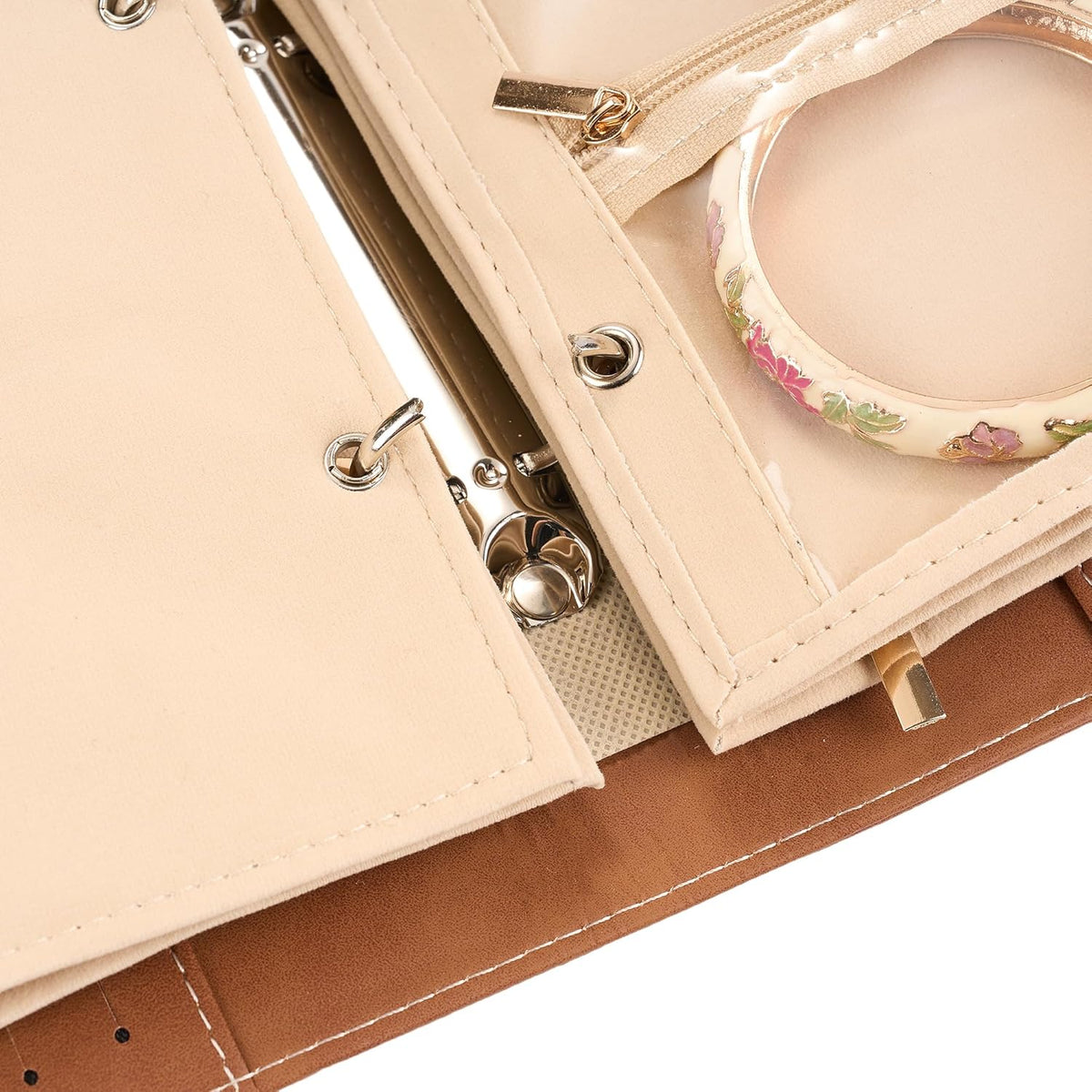 Women’s Travel Jewelry Case - Jewelry Ponch PU Leather Bag Ring Binder Organizer with Zipper Velvet Jewelry Pouches Bags - Cream White