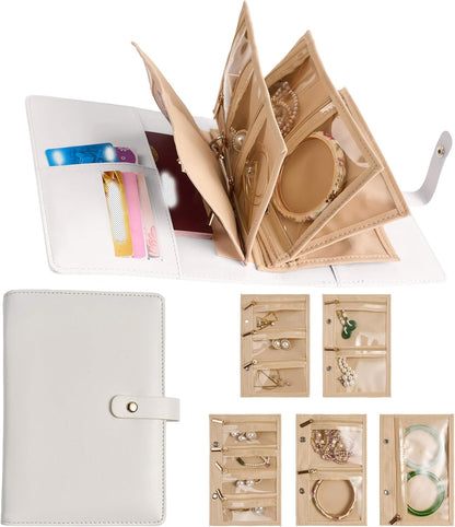 Women’s Travel Jewelry Case - Jewelry Ponch PU Leather Bag Ring Binder Organizer with Zipper Velvet Jewelry Pouches Bags - Cream White