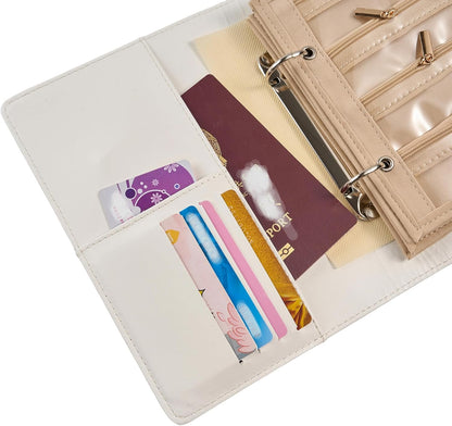 Women’s Travel Jewelry Case - Jewelry Ponch PU Leather Bag Ring Binder Organizer with Zipper Velvet Jewelry Pouches Bags - Cream White