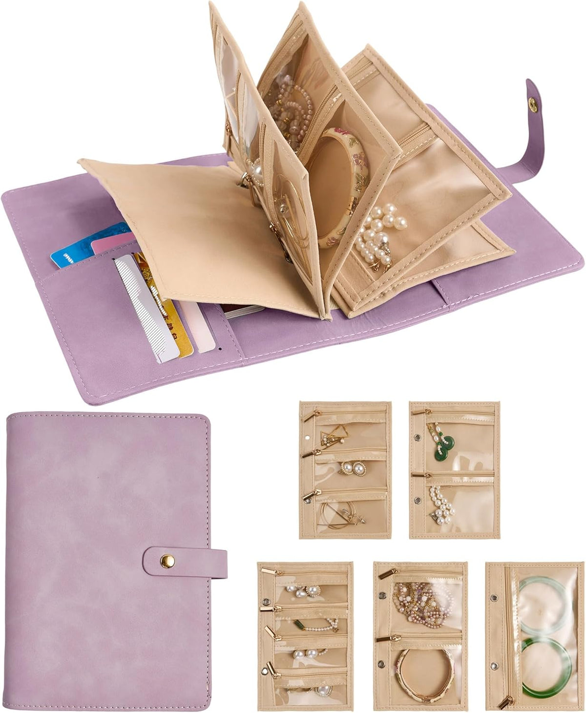 Women’s Travel Jewelry Case - Jewelry Ponch PU Leather Bag Ring Binder Organizer with Zipper Velvet Jewelry Pouches Bags - Cream White