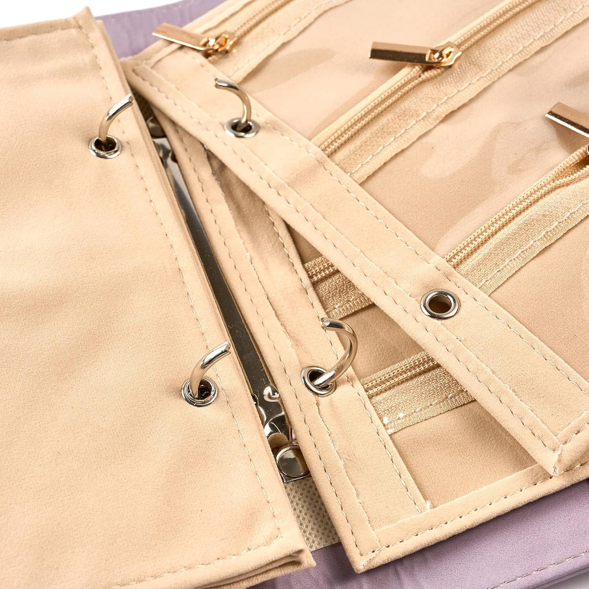 Women’s Travel Jewelry Case - Jewelry Ponch PU Leather Bag Ring Binder Organizer with Zipper Velvet Jewelry Pouches Bags - Cream White