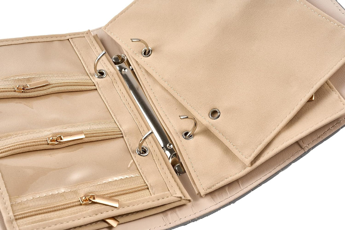Women’s Travel Jewelry Case - Jewelry Ponch PU Leather Bag Ring Binder Organizer with Zipper Velvet Jewelry Pouches Bags - Cream White