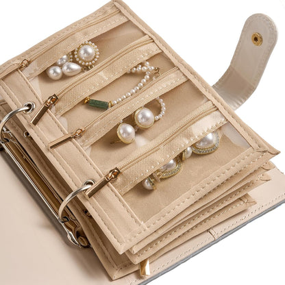 Women’s Travel Jewelry Case - Jewelry Ponch PU Leather Bag Ring Binder Organizer with Zipper Velvet Jewelry Pouches Bags - Cream White