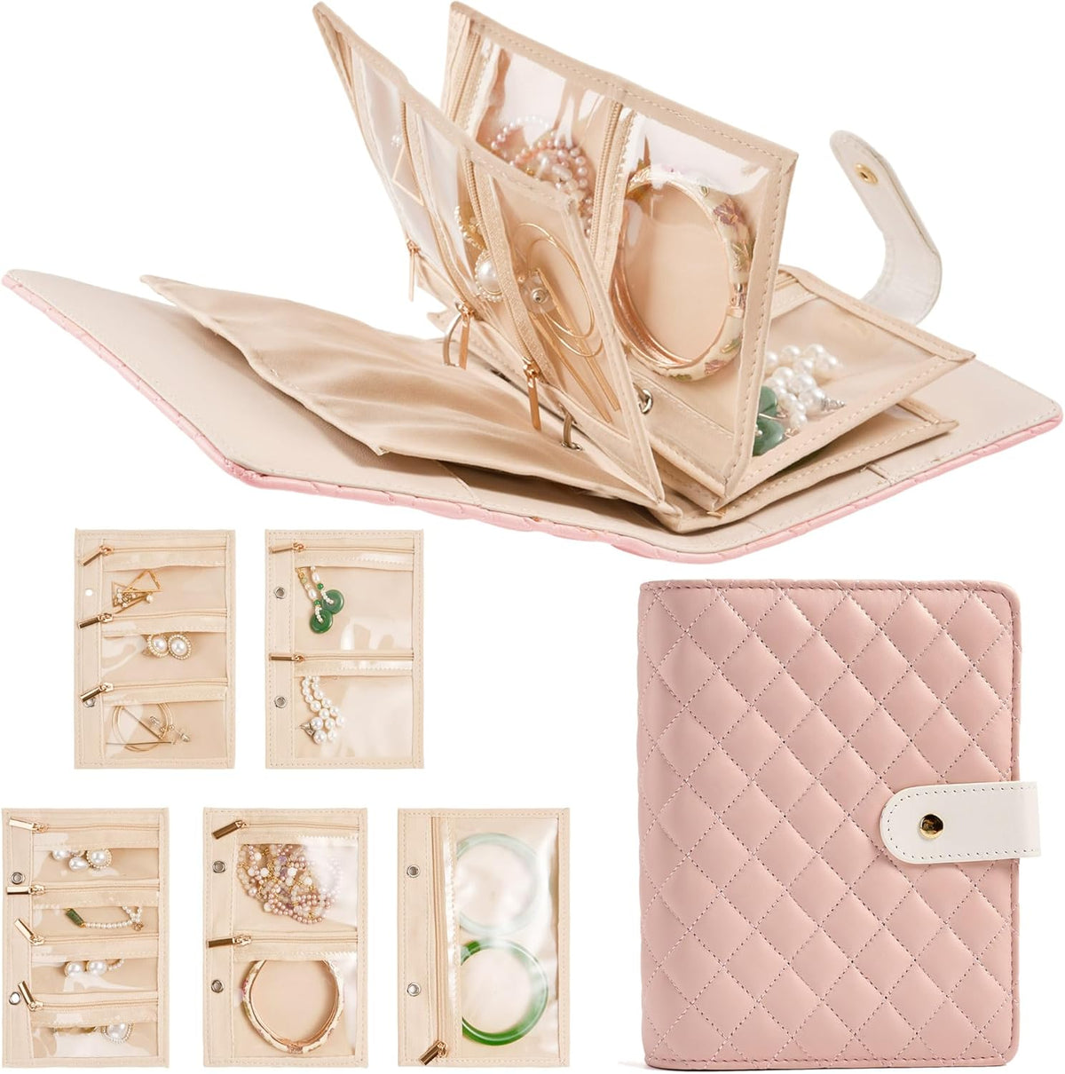 Women’s Travel Jewelry Case - Jewelry Ponch PU Leather Bag Ring Binder Organizer with Zipper Velvet Jewelry Pouches Bags - Cream White