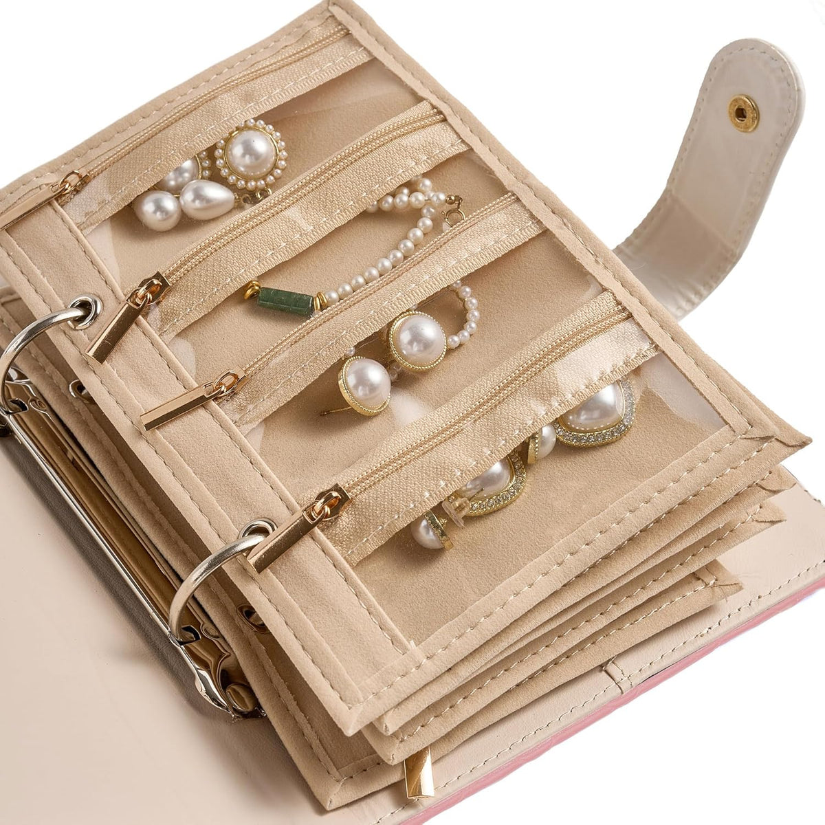 Women’s Travel Jewelry Case - Jewelry Ponch PU Leather Bag Ring Binder Organizer with Zipper Velvet Jewelry Pouches Bags - Cream White