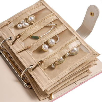 Women’s Travel Jewelry Case - Jewelry Ponch PU Leather Bag Ring Binder Organizer with Zipper Velvet Jewelry Pouches Bags - Cream White