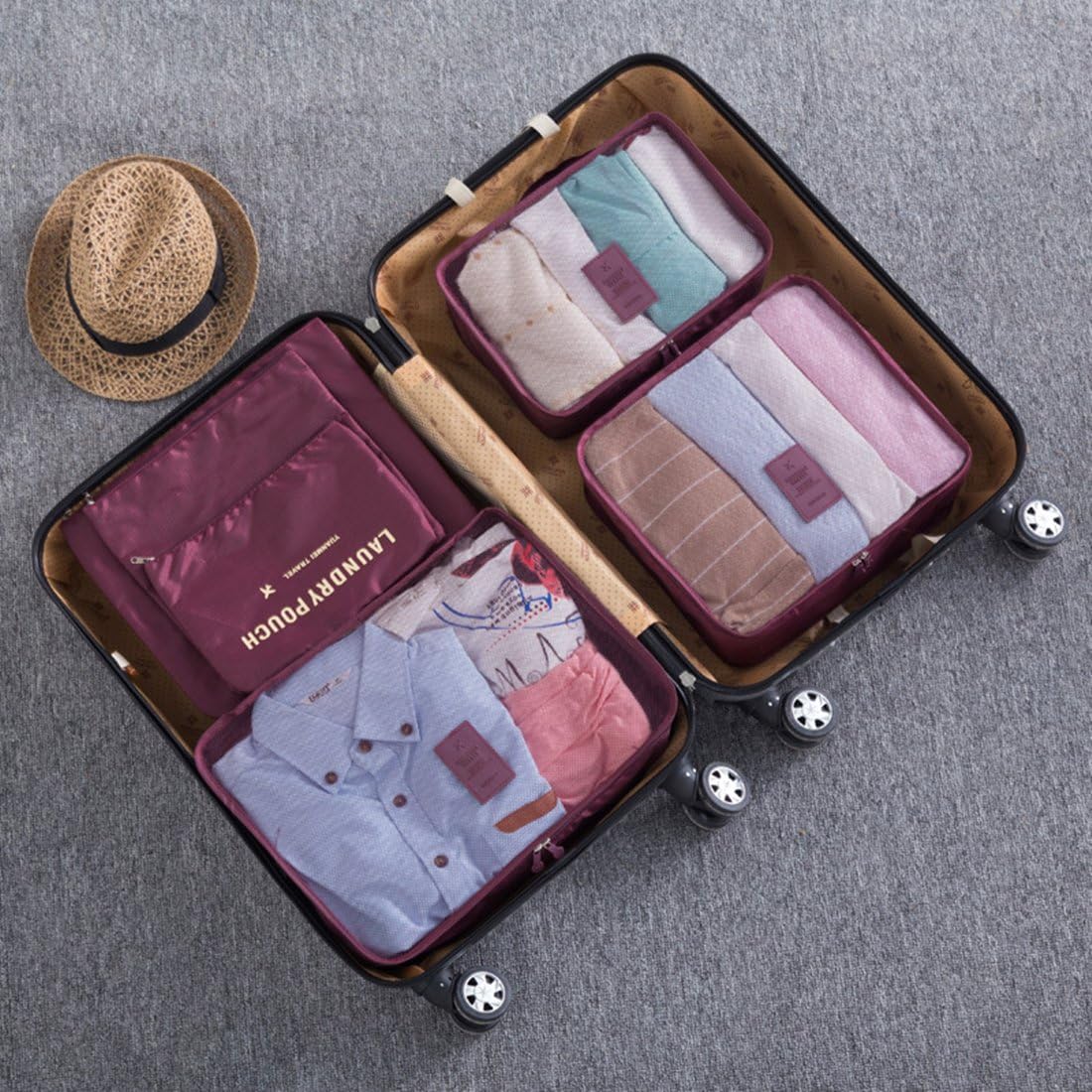 MOCOFO 6-Piece Travel Luggage Storage Bag Set - 3 Travel Storage Bags + 3 Small Clothing Organizers (Black)