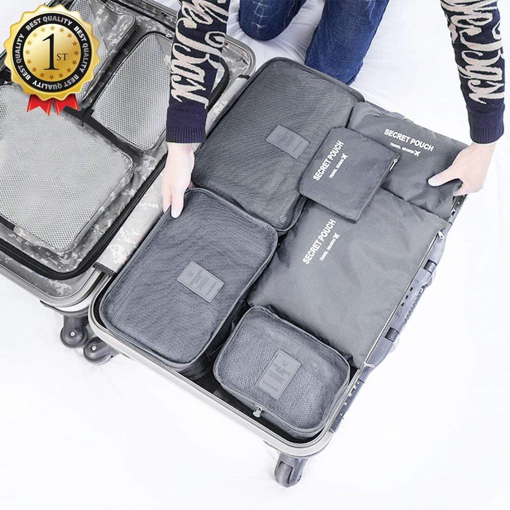 MOCOFO 6-Piece Travel Luggage Storage Bag Set - 3 Travel Storage Bags + 3 Small Clothing Organizers (Black)