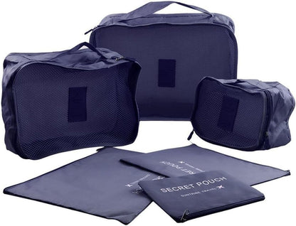 MOCOFO 6-Piece Travel Luggage Storage Bag Set - 3 Travel Storage Bags + 3 Small Clothing Organizers (Black)